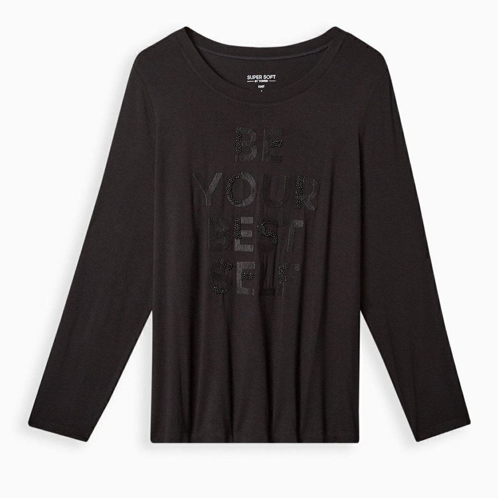 Torrid - Be Your Best Self Slim Fit Super Soft Crew Neck Embroidered, Deep Black